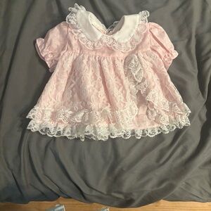 Charming Pink Lace Kids Blouse with White Collar